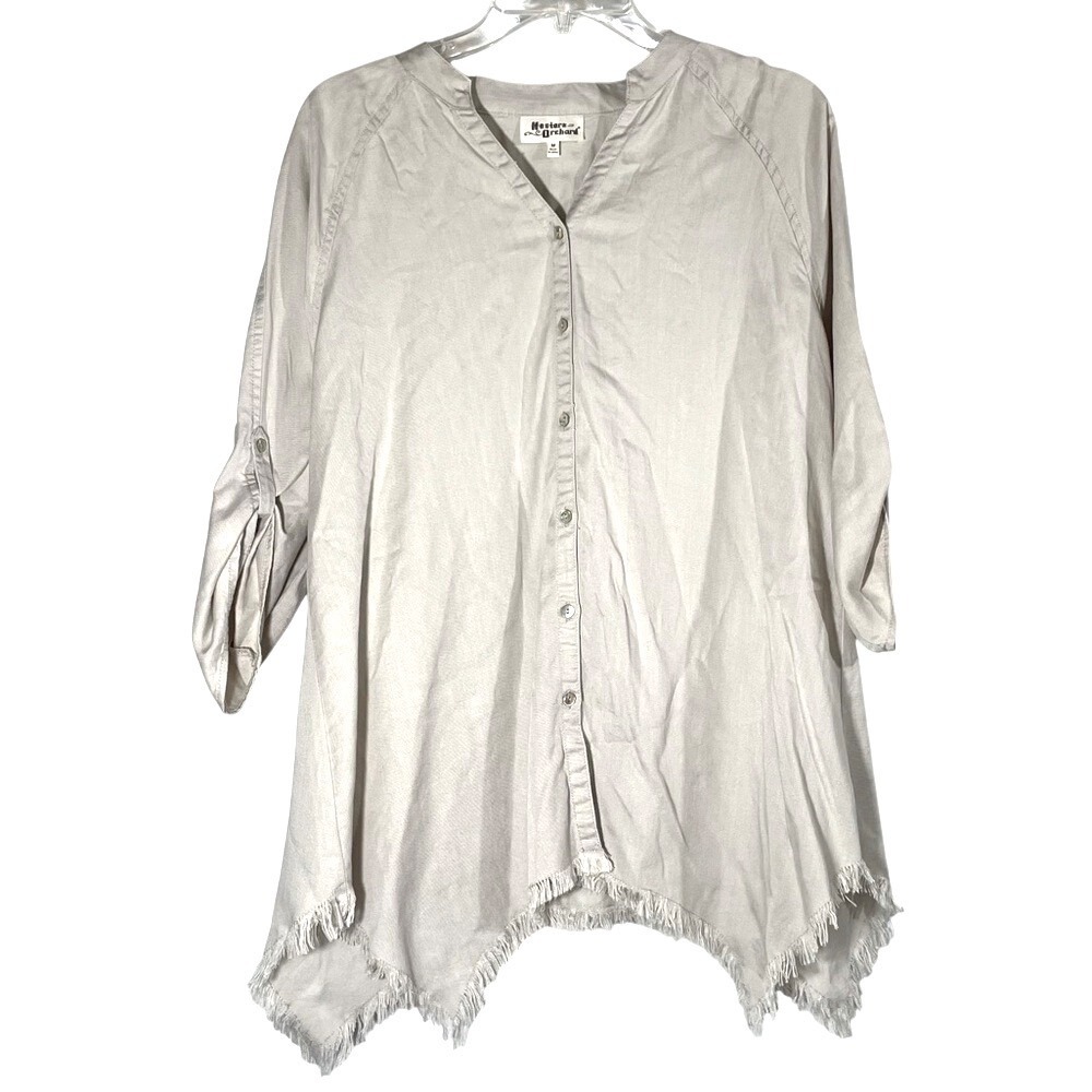 Hester & Orchard Beige Woven‎ Tencel Tab Sleeve Fringed Sharkbite Tunic Top M